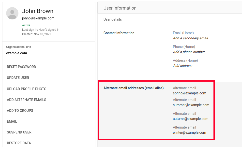 manage users google workspace creating alternate email addresses