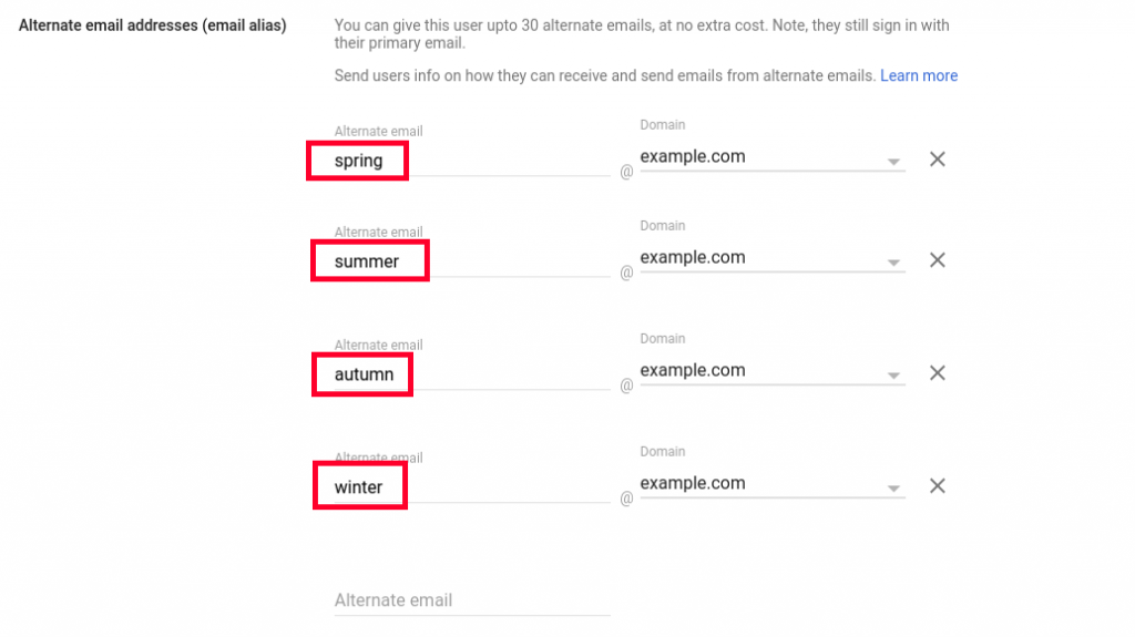 manage users google workspace creating alternate emails