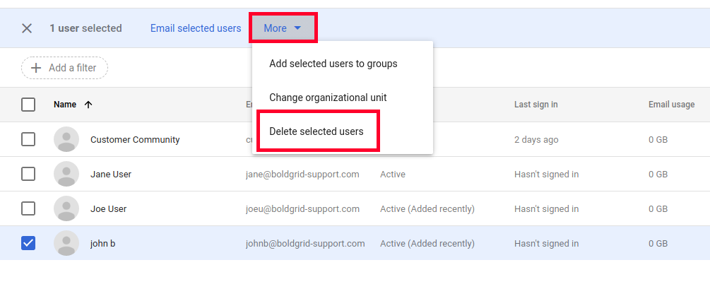 manage users google workspace delete selected users